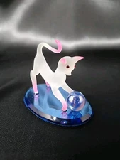 Frosted Glass Cat Figurine Hand Blown Glass Blue Mirror Base Figure Ball New