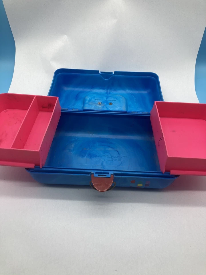 Estuche de viaje de almacenamiento de maquillaje vintage Caboodles años 80 azul rosa 2 niveles baquelita 2602 Foto 4 de 4