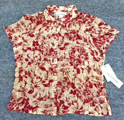 RENA ROWAN Size 14 Short Sleeve Sheer Floral Red Button Front Shirt Top NWT