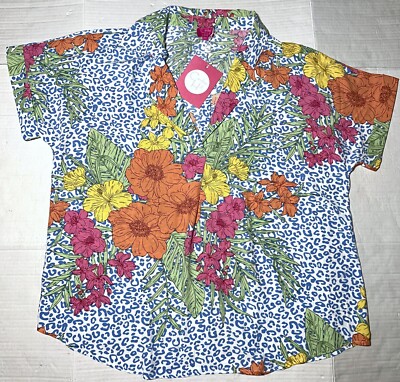 NEW Caroline Hill Tropical Floral Cheetah Animal S/S V-Neck Blouse Shirt Top M