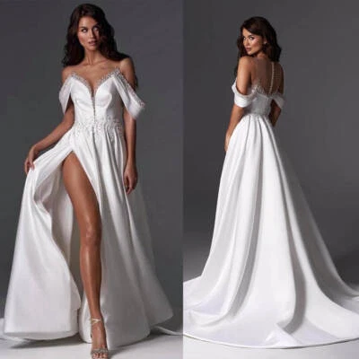 Brautkleid Hochzeitskleid Perle V-Ausschnitt Satin Maßgeschneidert 36 38 40 - Bild 1 von 4