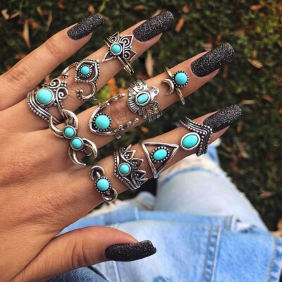 11PC Set Retro Silver Finger Open Ring Bohemia Turquoise Crown Eagle Gift 2076