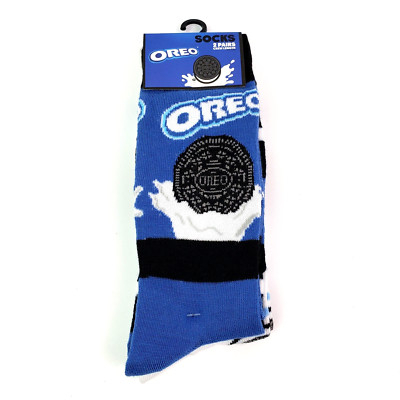 Oreo Mens Size Large 8-12 Blue White Cookie Graphic Crew Socks 2 Pack