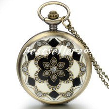 Antique Flower Vintage Pocket Watch Pendant Necklace Quartz Chain Half Hunter