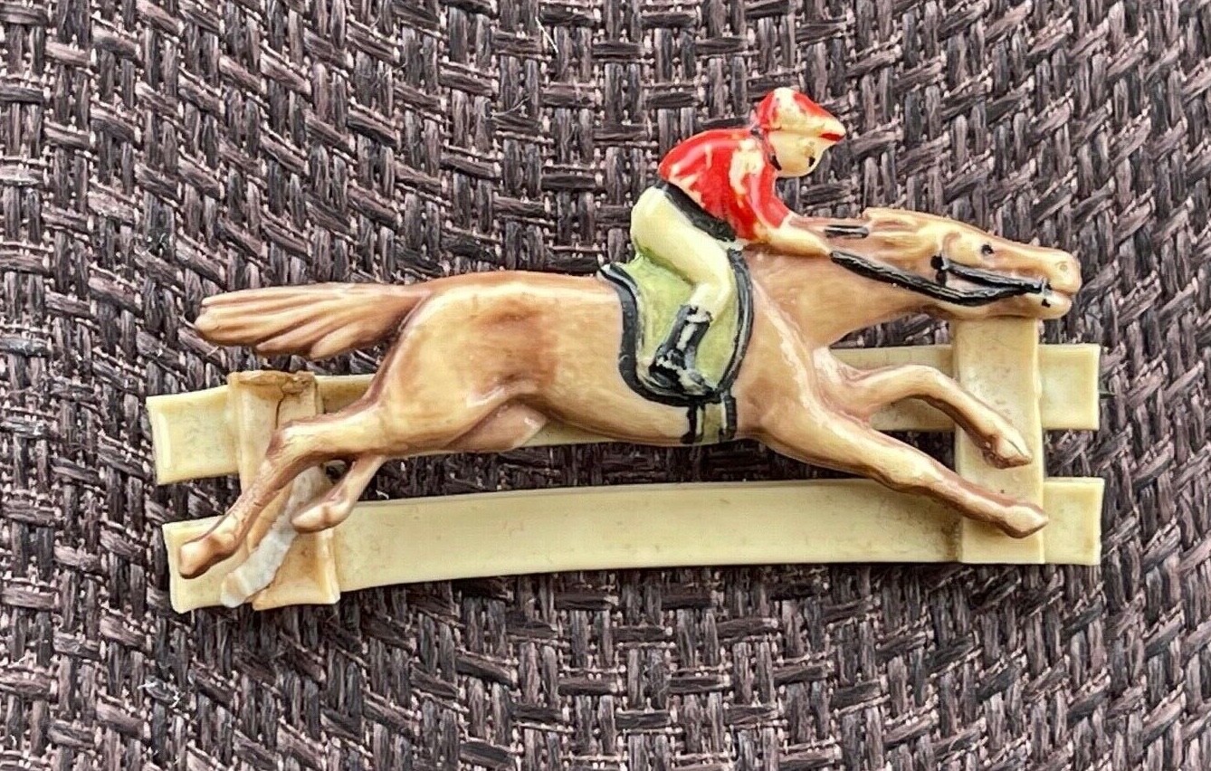 Antique Early Plastic Horse & Jockey Jumping A Fence … Gem