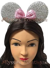 2 Minnie Mouse Ears Headband Shiny Silver With Pink Bow Birthday Party Favors