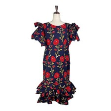 Women's Handmade Navy/Red Rose-Print Ruffle Midi Dress Size Medium/Large A75