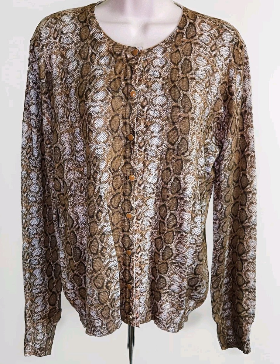 Ava Paige Button-down Long Sleeve Sweater Brown Snake Print