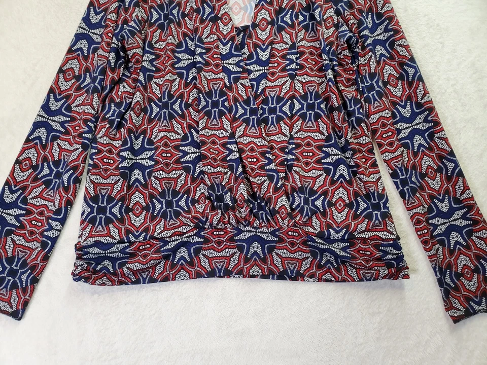 Blusa Top Anne Klein Mujer XL Rojo Azul Geo Estampado Poliéster Cuello en V Envoltura Frontal Foto 3 de 4