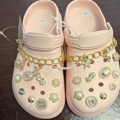 Pink Unisex Kids Clog Shoes US 8 Gold Chain Rhinestone Charm Studded Accents