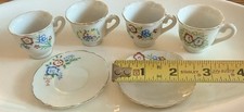DOLLHOUSE MINIATURE HAND PAINTED 4 FLOWER TEACUP 2 SAUCER SET JAPAN VINTAGE 1:6