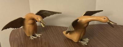 2 Large Wood and Brass Ducks Vintage Signed Frederick Cooper Chicago