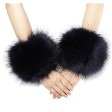 Women's Faux Fur Wrist Cuffs Winter Fox Furry Wristbands Fluffy Fur Cuff Navy