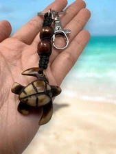 Handmade Turtle Keychain | Resin Turtle | Macrame Cord & Wooden Beads Bag Charm