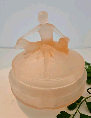 L.E. Smith ''Annette'' Pink Satin Glass Powder Jar Seated Lady with Two Dogs