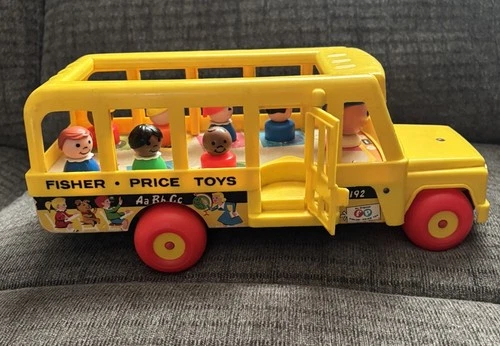 Vintage Fisher Price Yellow School Bus #192 with 7 Little People Figures 1965