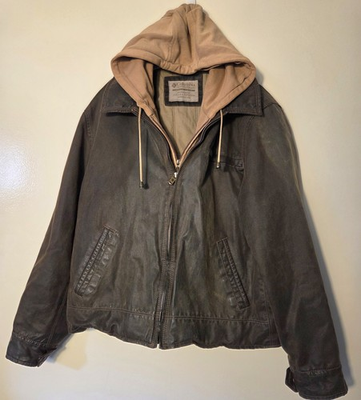 #ad COLUMBIA Faux Leather Brown Jacket Zip In Tan Hoodie Mens L Grunge Moto Vegan $39.20