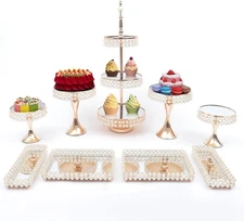 9-piece Gold Vintage Metal Cake Stands W/ Plastic Imitation Pearl Dessert Table