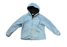 VINTAGE RARE Carhartt Blue Canvas Sherpa Lined Hooded Jacket Youth L
