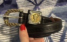 NEW Brighton Embossed Black Leather Brass Coin Two Tone Belt Sz S/28