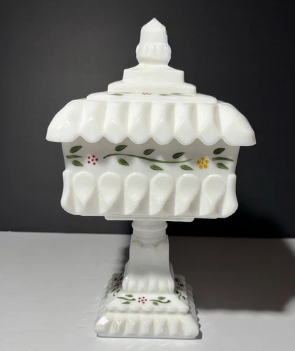 Vintage Hand Painted Milk Glass Square Lid Compote Wedding Candy Dish