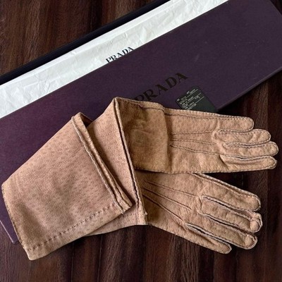 Authentic PRADA Peccary Long Gloves Nubuc Beige Silk size 7 Arm Covers Women's