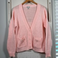 VTG One Step Up Cardigan Women's Pink Knit V-Neck Long Sleeve Sweater Medium