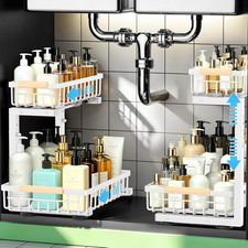 Under Sink Organizer 2 Pack, Double Slide Out Metal Shelf, White Pull Out Kitc