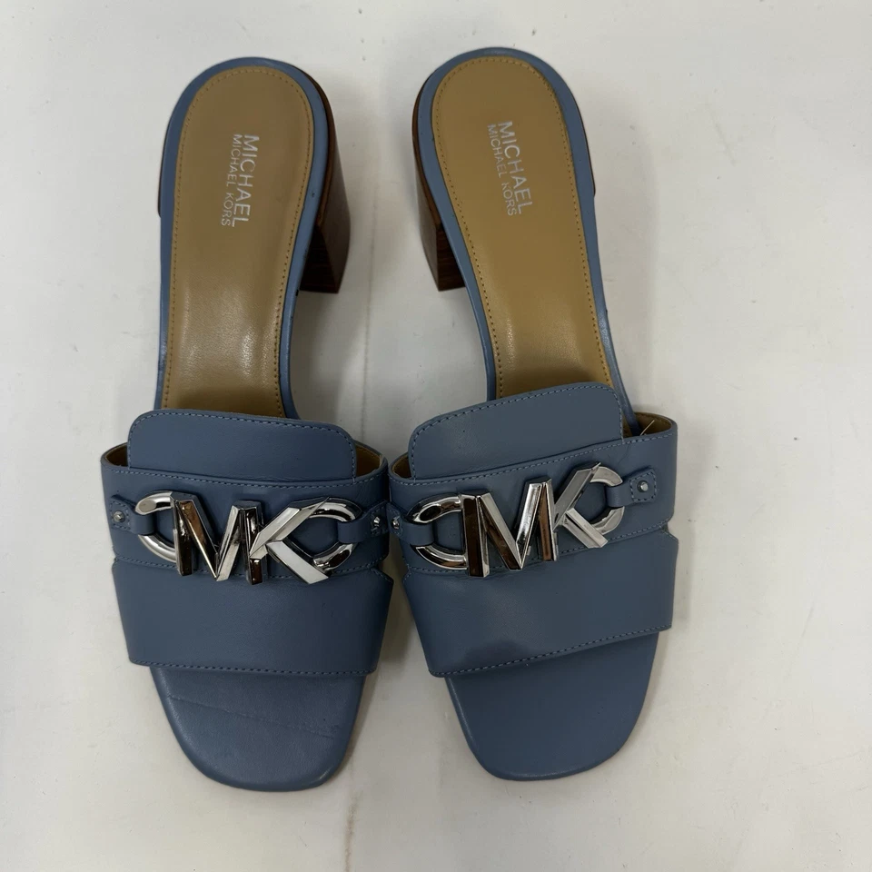 Sandalias Michael Kors Azul Cuero Tacón Bloque Mules Talla 9M Logo MK Foto 4 de 4