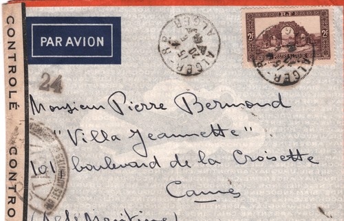 ALGERIA Air Mail WW2 Censor 2fr Cover 1941 Cannes France Cols {samwells)YF263 - Picture 11 of 17
