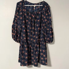 Max Studio Navy Floral Print Tiered Ruffle Balloon Sleeve Mini Dress Size Medium