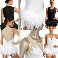 Women Ballet Latin Dance Dress Leotard Rhinestone Fuzzy Feather Rumba Bodysuit