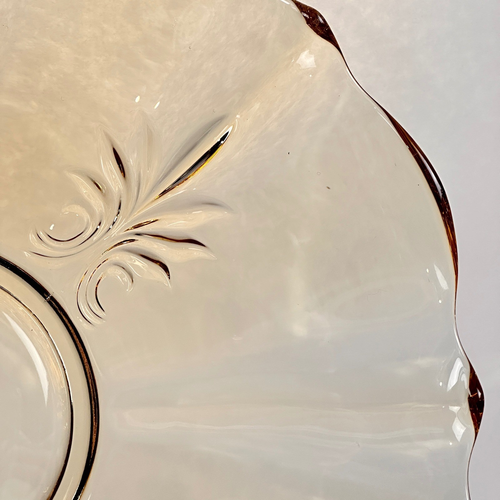 Vintage Amber Glass Scalloped Edge Dessert Cake Stand Tray Floral Etched Topaz