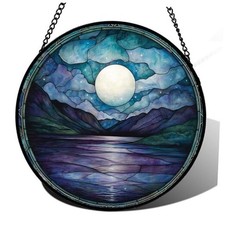 Stained Glass Window Hanging, Blue Night Moon Lake 14.9x14.9 IN Blue and White