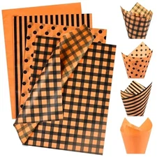  100 Sheets Fall Tissue Paper Bulk, 4 Pattern Orange Plaids Dot 100pcs-fall