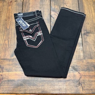 True Luck Mens Straight Leg Black Jeans Contrast Thick Stitch 32x32 NWT