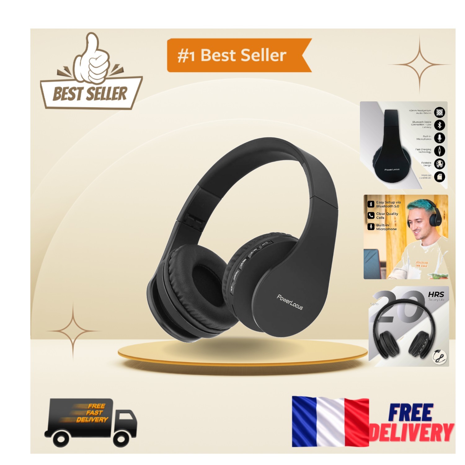 Casque PowerLocus Bluetooth pliable pour télétravail et trajets quotidiens