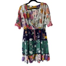 Anthropologie Floral Patchwork Tiered Mini Dress Small Multi Color Modal Boho