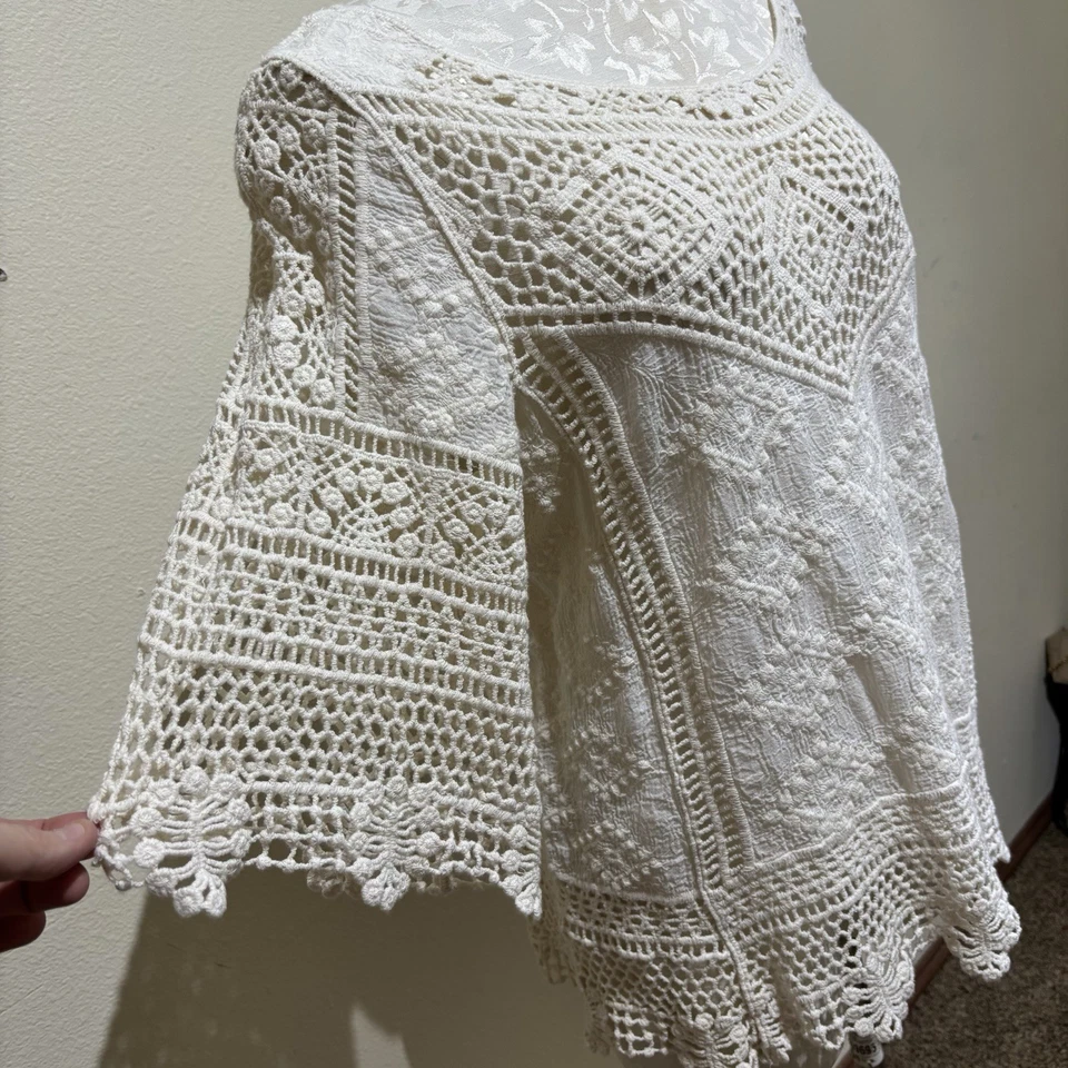 Pullover Boho Democracy Mediano Marfil Crochet Bordado Campesino Playa Foto 4 de 4