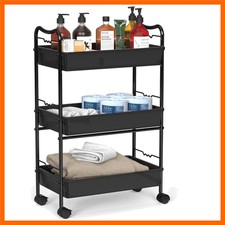 3 Tier Metal Rolling Storage Utility Cart with Wheels, Black