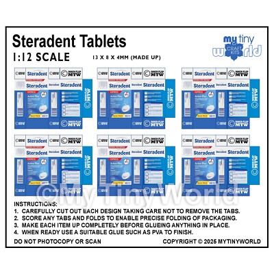 Dolls House Miniature Packaging Sheet of 6 Steradent Boxes
