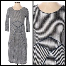 Womens Size Small Knit Linen Knee Length Dress Casual Blue Cream Stretch