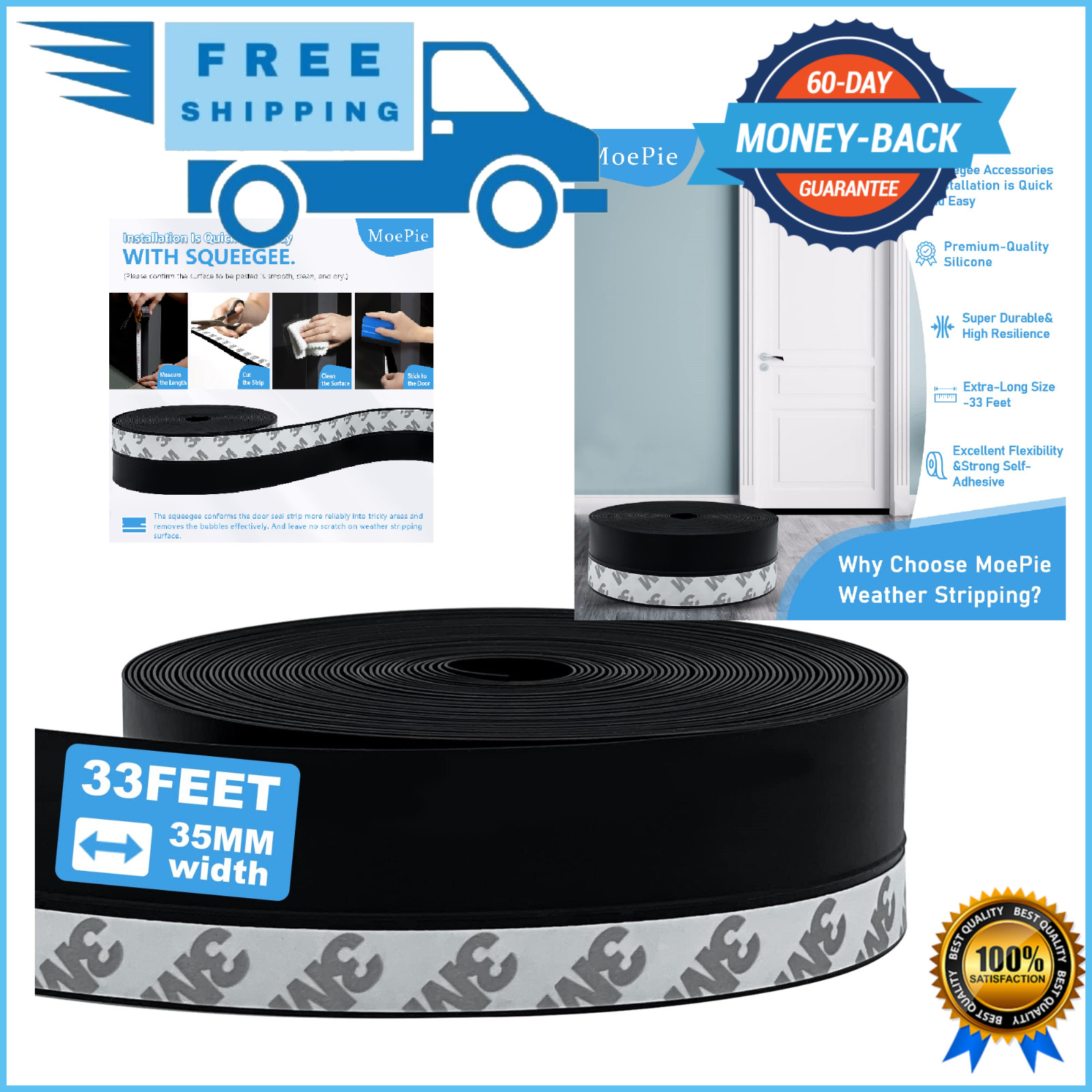 33 Feet Long Garage Door Weather Stripping Top and Sides Rubber Seal