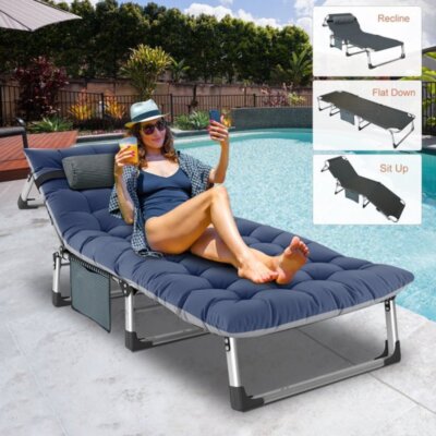H&ZT Folding Camping Cot Reclining Chaise Longue Chair With Mattress Pillow