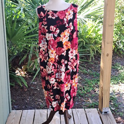 Chicos Dress Womens 16 Red Black Abstract Floral Print Sleeveless Lined 
