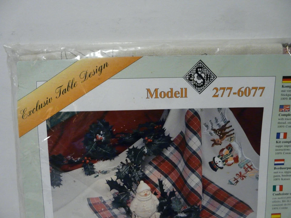 Christmas Tablecloth 36" x 36" Red Plaid Center Snowman Deer Stamped Embroidery - Image 3 of 4