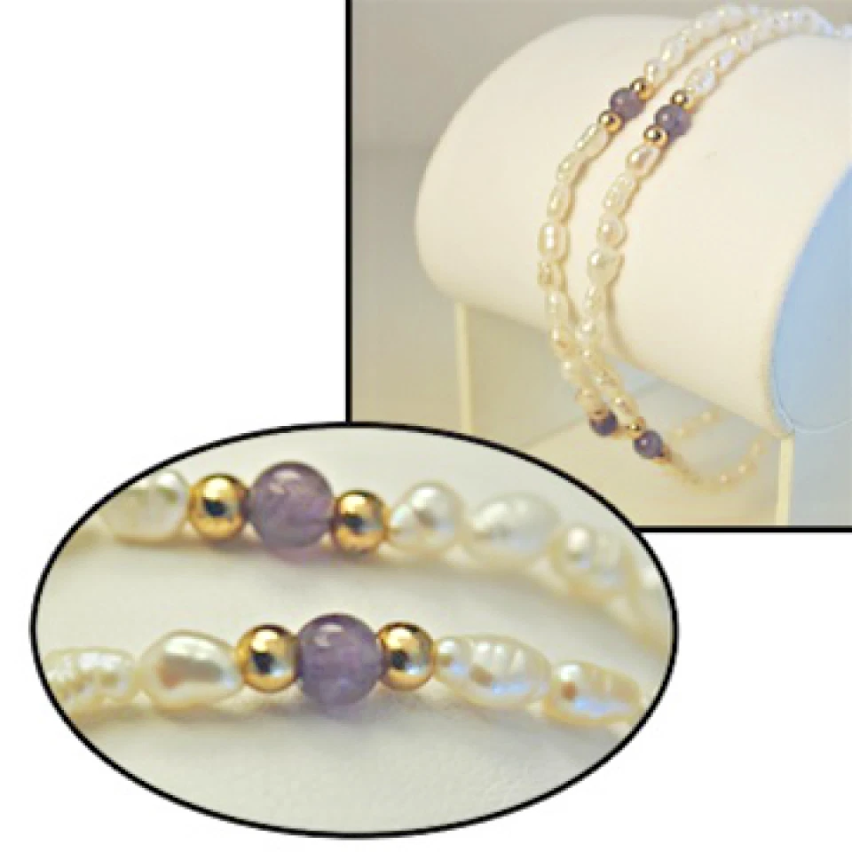 Biwa Pearl Bracelet Amethyst gemstone 18kt yellow gold filled 2 strand 7 5" New - Image 4 of 4