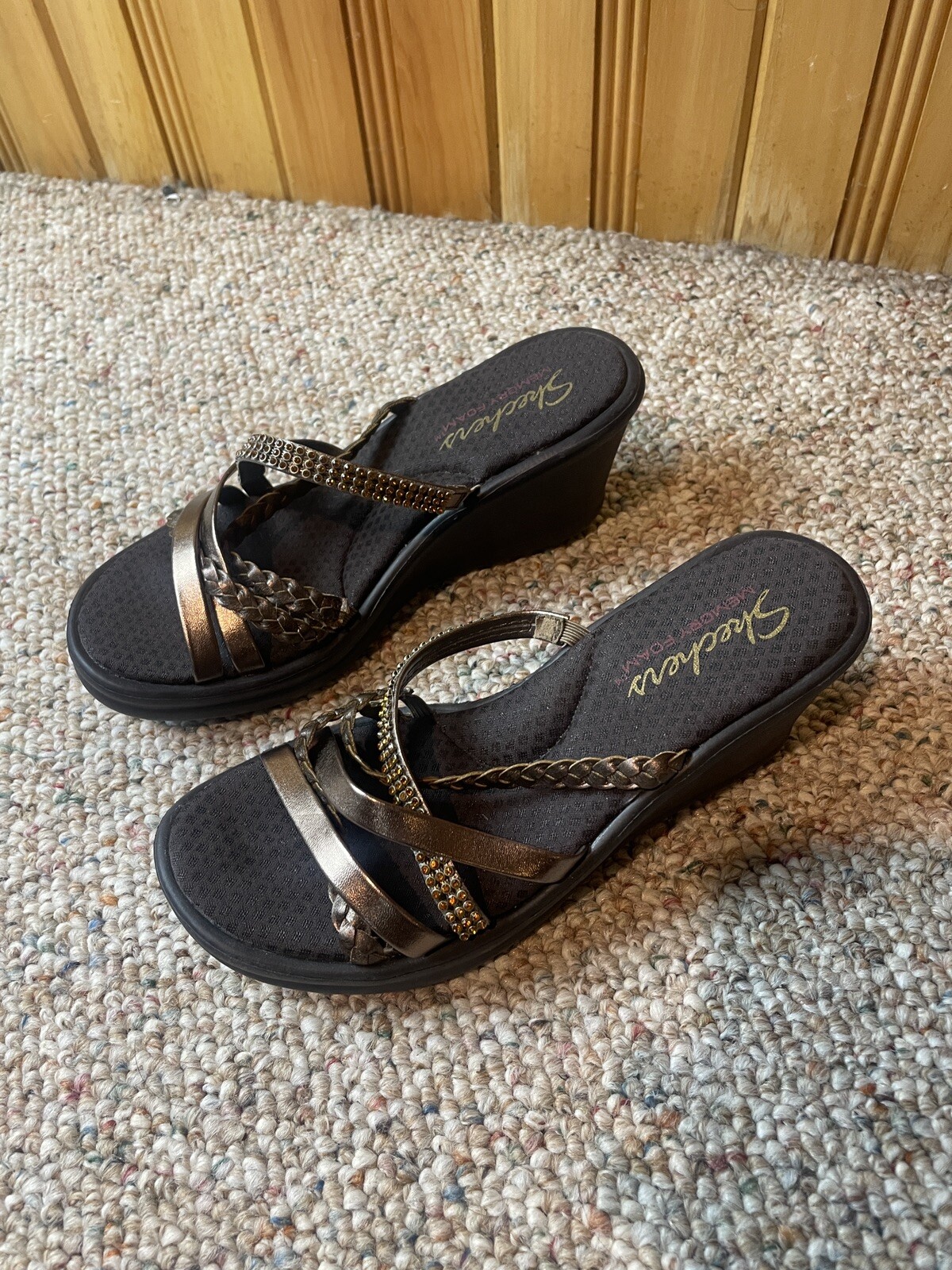 Skechers Shoes Women's Size 7, Brown Wedge, Memory Foam Open Toe