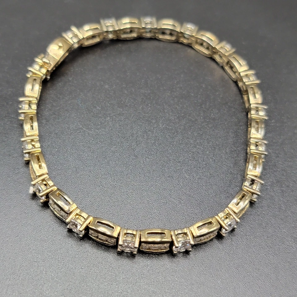 925 Baguette Round Cut Simulated Diamond CZ Tennis Bracelet 14K Gold Plated HJS - Image 3 of 4