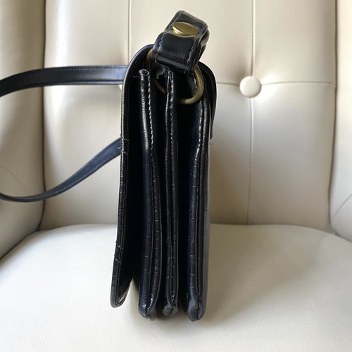 Vintage schwarze Leder Schultertasche Trenner Taschen Messing Ringe 70er-80er Jahre Geldbörse - Bild 11 von 24